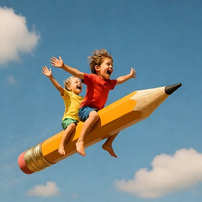 Boys riding giant flying pencil