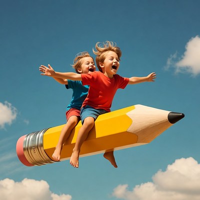Boys Flying on Giant Pencil