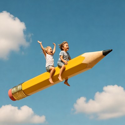 Two kids riding giant pencil