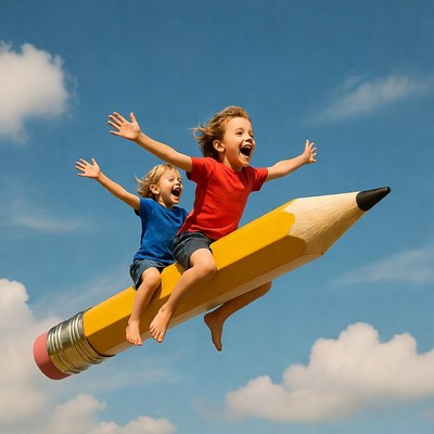 Two kids flying on giant pencil
