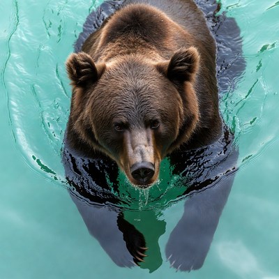 Brown bear swimming in turquoise water