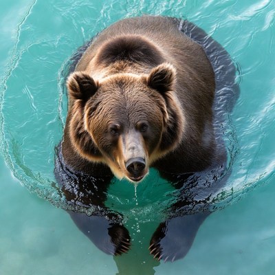 Brown bear swimming in turquoise water