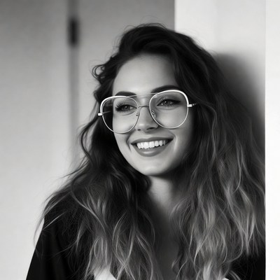 Smiling woman with glasses against wall