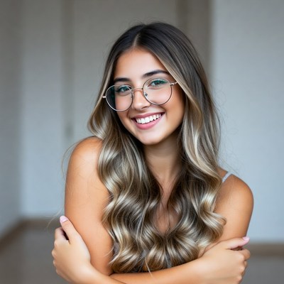Smiling woman with glasses hugging herself