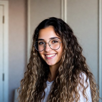 Smiling woman with curly hair and glasses