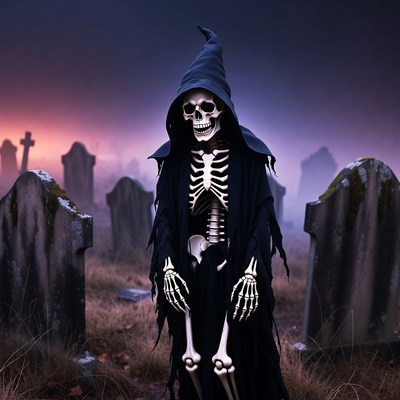 Skeleton in Hooded Cloak in Cemetery