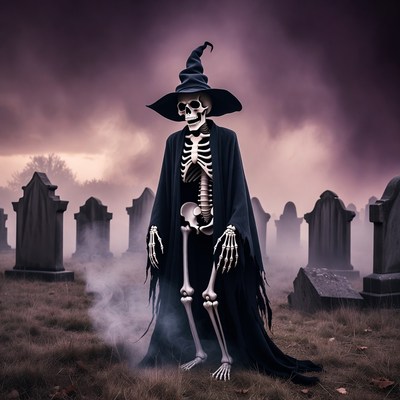 Skeleton Witch in Foggy Cemetery