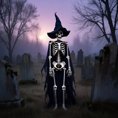 Witch Skeleton in Cemetery at Dusk