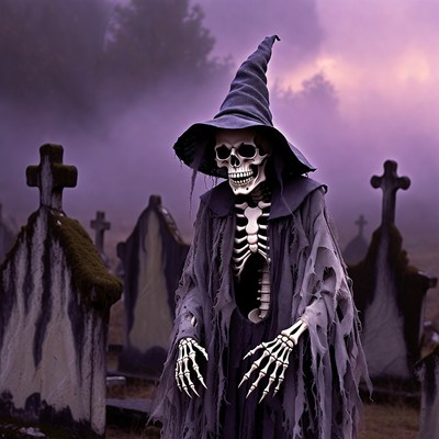 Skeleton Witch in Foggy Cemetery