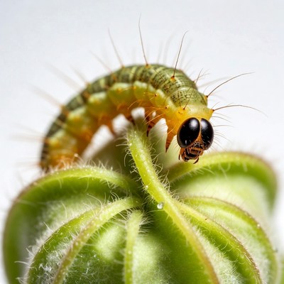 Yellow caterpillar on green plant stem