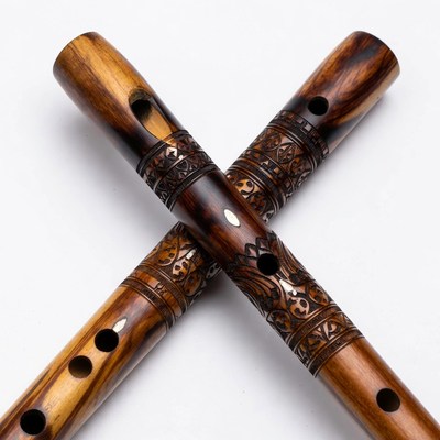 Crossed Wooden Flutes with Carvings