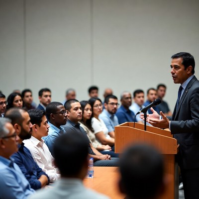 Man speaking at podium to diverse audience