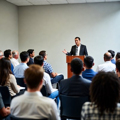 Man speaking at podium to audience