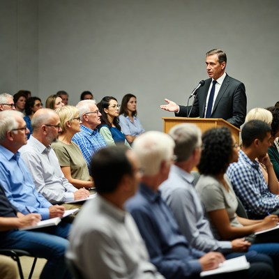 Man speaking at podium to audience