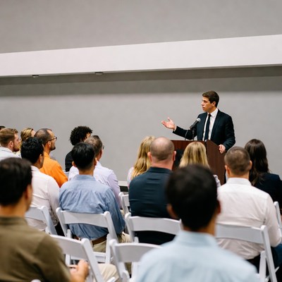 Man speaking at podium to audience