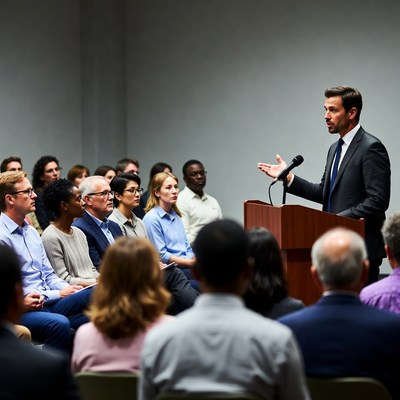 Man speaking at business conference podium