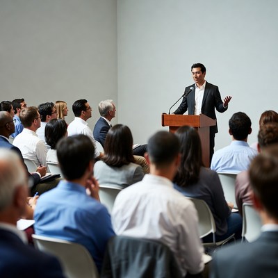 Man speaking at business conference podium