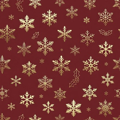Gold Snowflakes and Holly on Red Background