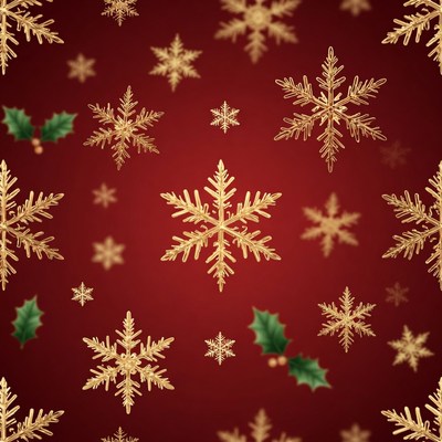 Gold Snowflakes Holly Red Background