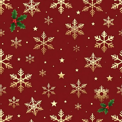 Gold Snowflakes Holly Christmas Red Background