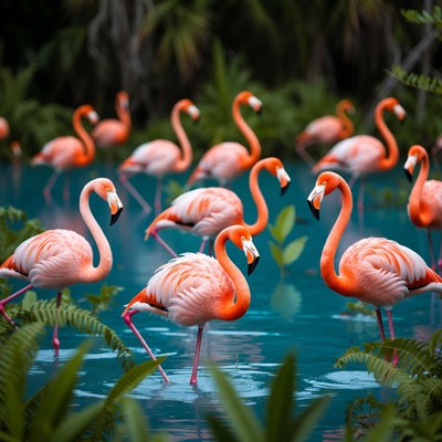 Flock of pink flamingos in turquoise water