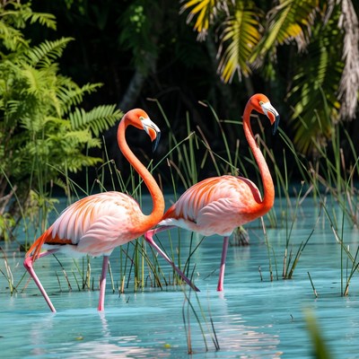 Two pink flamingos in turquoise water