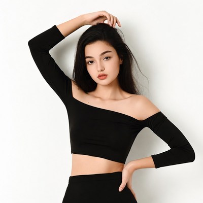 Asian woman posing in black off-shoulder top