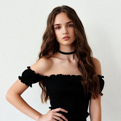 Young woman in black off-shoulder top