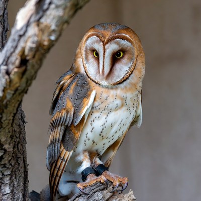 Barn Owl Perched on Tree Branch