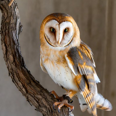 Barn Owl Perched on Tree Branch