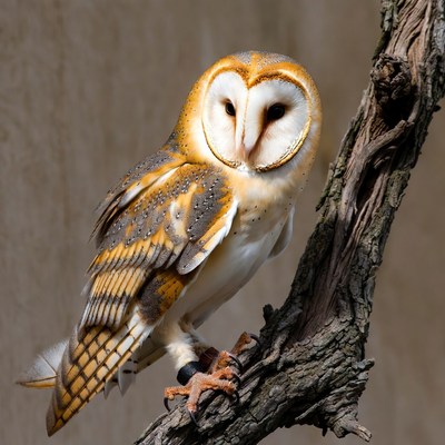 Barn owl perched on tree branch