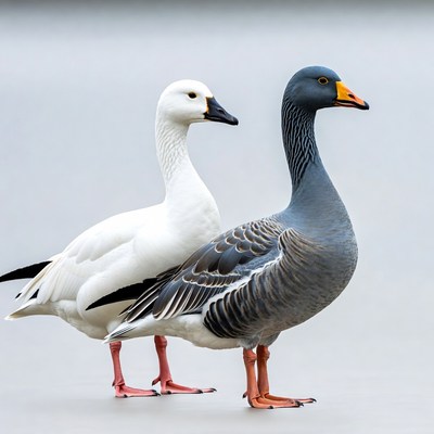 White and gray geese standing together