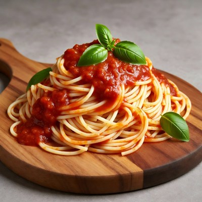 Spaghetti with Tomato Sauce on Wooden Paddle