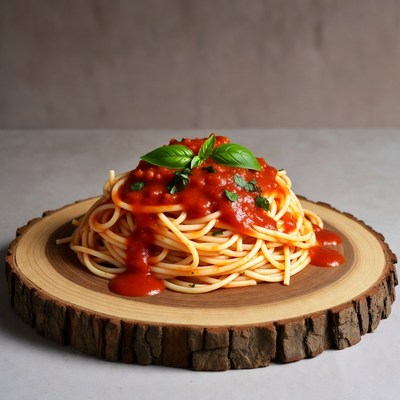 Spaghetti with Tomato Sauce on Wood
