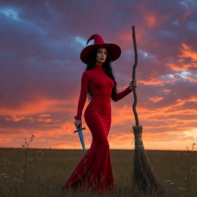 Woman in red witch dress with broom