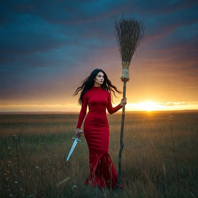 Woman holding broom and sword in field