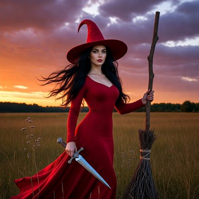 Woman Witch with Broom and Sword
