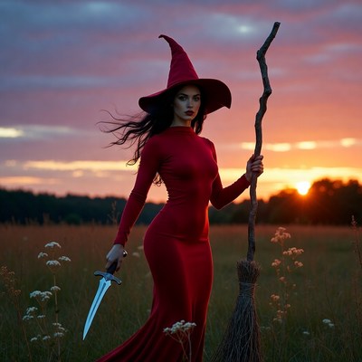 Witch holding broom and sword at sunset