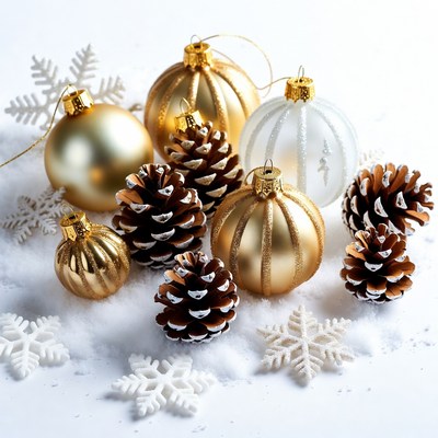 Gold White Christmas Ornaments Pine Cones Snow