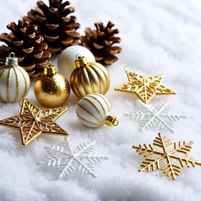 Christmas ornaments pinecones snow background