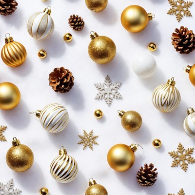 Christmas Ornaments and Pine Cones Flat Lay