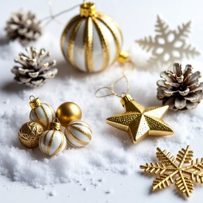 Gold White Christmas Ornaments Snow