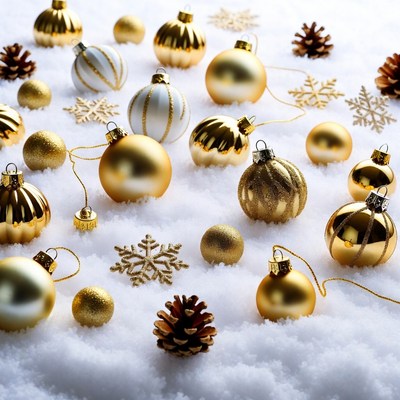 Gold and White Christmas Ornaments on Snow