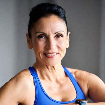 Smiling woman in blue tank top