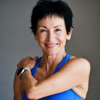Smiling woman in blue tank top