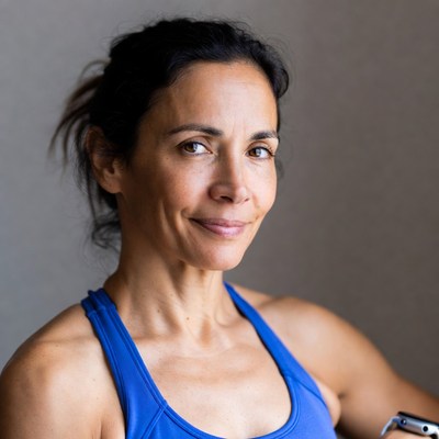 Smiling woman in blue tank top