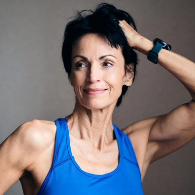 Fit woman flexing muscular arm