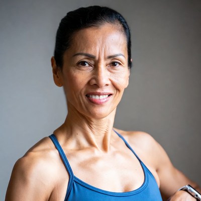 Asian woman smiling in blue tank top