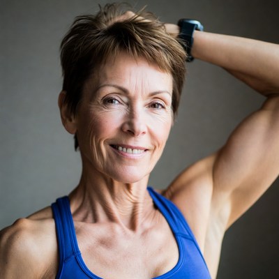 Fit older woman flexing muscular arm