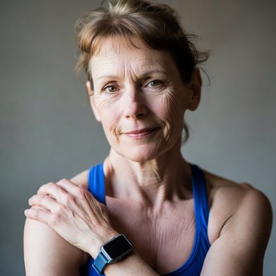 Smiling senior woman in blue tank top